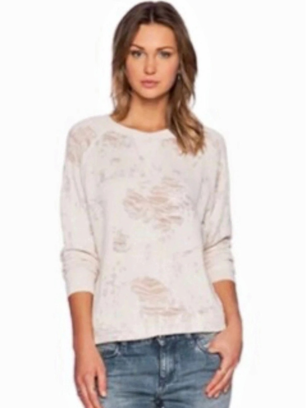 IRO Nona Size Large Khaki Beige Distressed Cotton Blend Long Sleeve Pullover